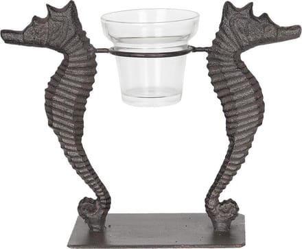Clayre & Eef Theelichthouder Zeepaardje 22*8*18 cm Bruin Ijzer Glas Waxinelichthouder Windlichthouder