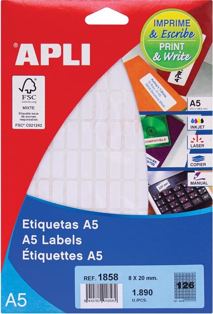 Apli witte etiketten Print & Write ft 8 x 20 mm (b x h), 1.890 stuks, 126 per blad (1858)