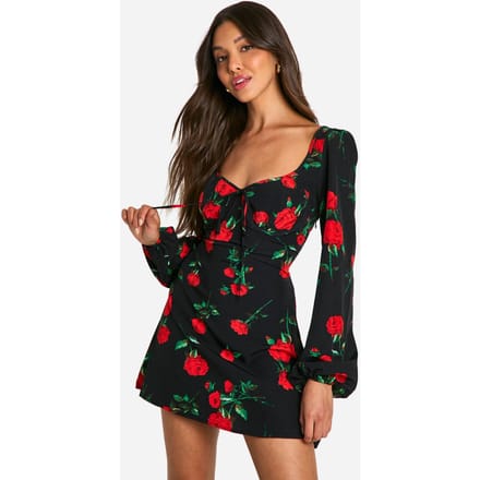 boohoo Dames Bloemrijke melkmeisje mini-jurk | Black | Maat: 8