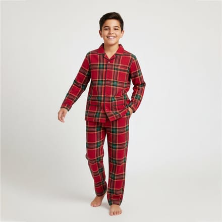 La-V Flanel pyjama set voor jongen met geruit patroon- Rood - 140-146