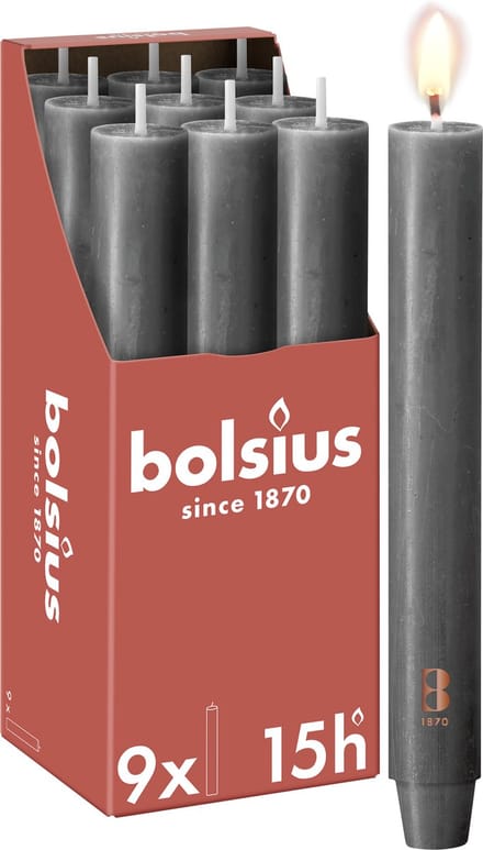 Bolsius - 9 Dinerkaarsen Rustiek Extra Breed - Antraciet - 23 cm - Diameter 3 cm - 15 Branduren