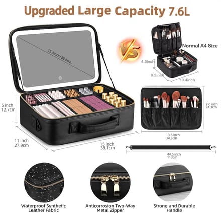 Grote zwarte reistas/koffer voor make-up met ingebouwde spiegel en LED verlichting