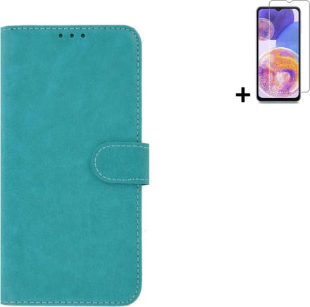 Geschikt voor Samsung Galaxy A14 5G Hoesje - Bookcase - A14 5G Screenprotector - Pu Leder Wallet Book Case Turquoise Cover + Screenprotector