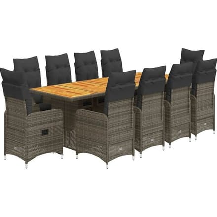 vidaXL - 11-delige - Bistroset - met - kussens - poly - rattan - grijs