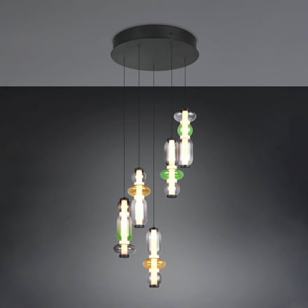 Trio Lighting LED hanglamp Minerva, Ø 42 cm, kleurrijk, glas, CCT, 5-lamps.