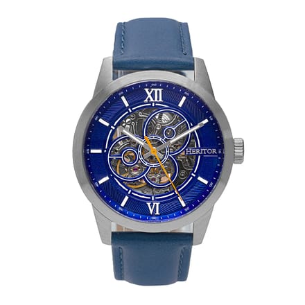 Heritor Automatic Jonas leren band skelethorloge - zilver/blauw