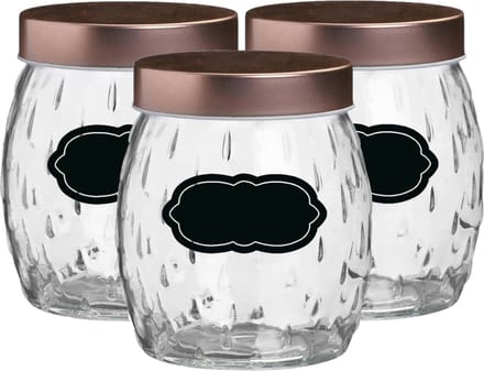 Voorraadpot/bewaarpot Beau - 6x - 1L - glas - koperen deksel - incl. etiketten