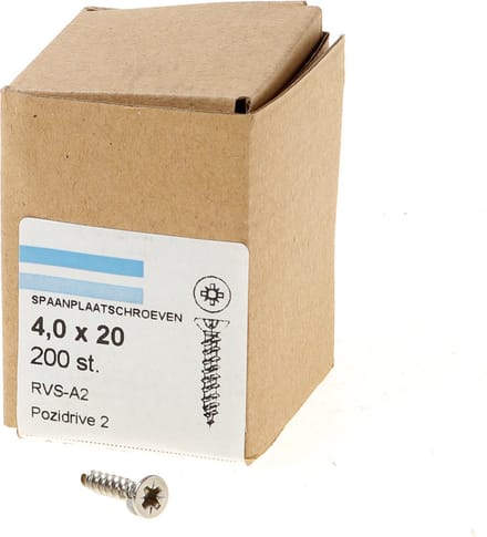Hoenderdaal Spaanplaatschroef RVS platverzonken kop PZ2 voldraad 4.0X20 (per 200 stuks)