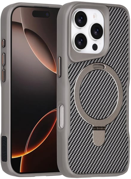 TUNIQ Back cover voor iPhone 16 Pro - MagSafe met Ring Stand - Carbon Fiber - Zilver
