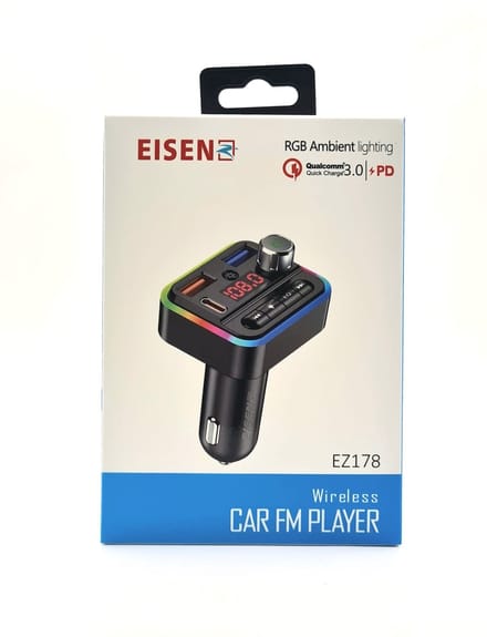 EISENZ Bluetooth FM Transmitter Auto – Draadloze Car FM Player met Handsfree Bellen, USB & USB-C Snelladen (QC 3.0 + PD) – RGB LED – EZ178