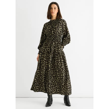 Khaki Dierenprint Gekreukte Hoge Hals Maxi-jurk