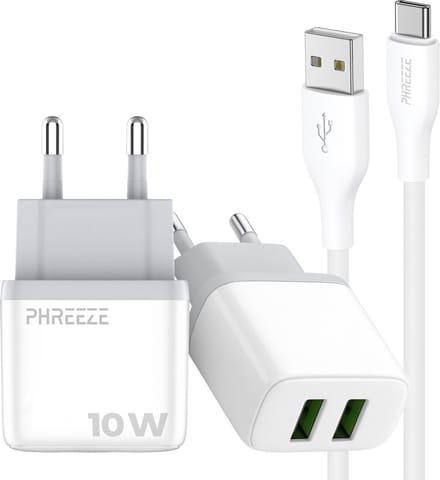 Phreeze usb oplader 2.4 A - Usb naar usb C kabel - 1 meter - Dubbele usb poort lader voor draadloze speaker koptelefoon powerbank smartphone tablet ereader