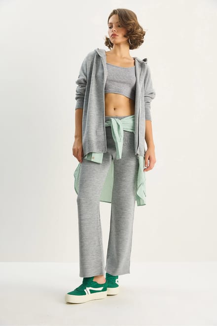 Hoge Taille Rits Kraag Cardigan en Broek Set