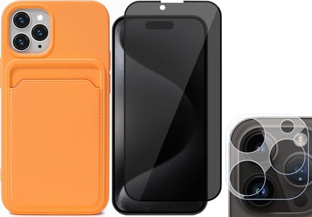 Hoesje Pasjeshouder geschikt voor iPhone 15 Pro - Privacy Screenprotector FullGuard + Camera Lens Screen Protector - Siliconen Case Back Cover Oranje