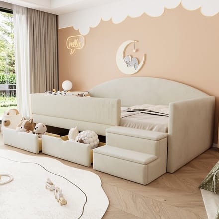 MODFU - Gestoffeerd Bed - Met 2 Laden En Veiligheidshekje - Gebogen Ontwerp - Fluweel - Beige - 90 x 190 cm