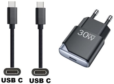 OneOne 30W super snellader USB C poort + 2,0m USB C naar USB C kabel en glazen screenprotector. Krachtige zwarte universele PD PPS lader. Compacte oplader adapter met GaN III technologie. Screenprotector past op iPhone 15 Plus, iPhone 15 Pro Max
