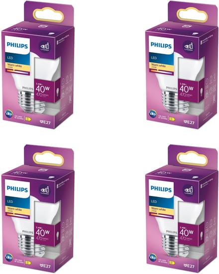 Philips Voordeelverpakking - E27 - LED Kogellamp - Mat - 40W - Niet Dimbaar - Warmwit Licht - Set van 4 Stuks