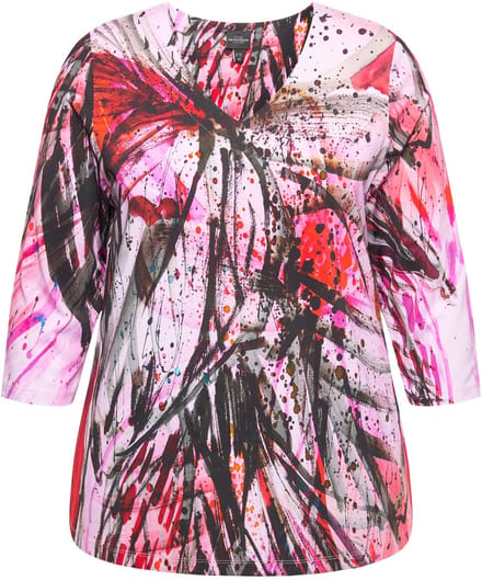Ulla Popken - Dames - Slinky longshirt abstracte print V-hals 3/4-mouwen - Salsa - Maat 46+