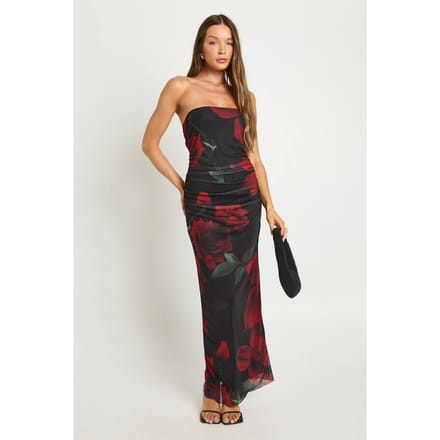 boohoo Dames Mesh Bloemenprint Bandeau Maxi Jurk | Natural Black | Maat: 44