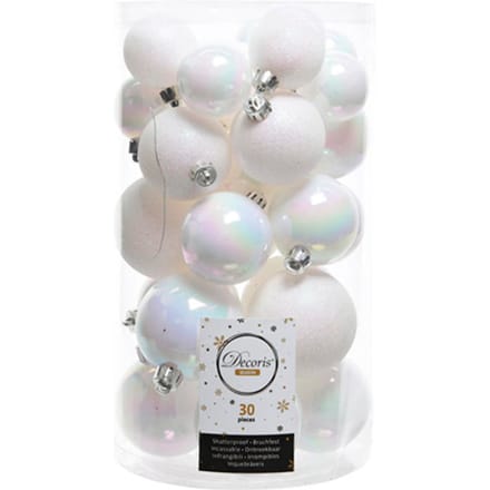 Kerstballen - 30 stuks - onbreekbaar - glans-mat-glitter assorted - wit/iris KSD