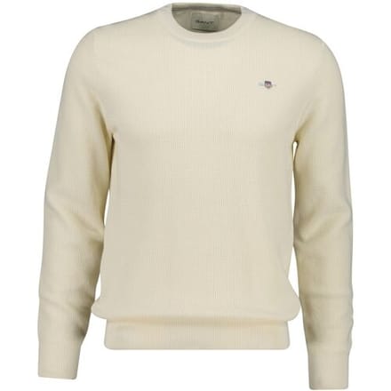 Gant Trui Solid Color Micro Textured Cotton Crew Neck Cream / male