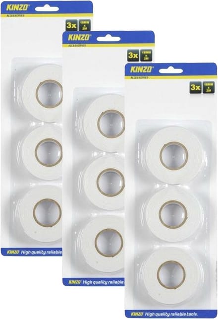 Kinzo Dubbelzijdig tape - wit - 9x rollen - Knutsel & hobby materiaal - plakband