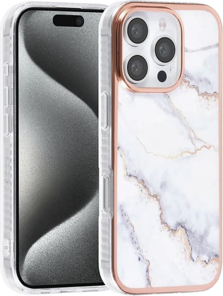 Multimedia & Accessoires Siliconen Marmer Harde Back Cover Case Hoesje geschikt voor Apple iPhone 16 Pro Max – TPU – Harde Plastic – Roze