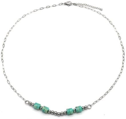 Ketting met Steentjes - RVS - Lengte 39-44 cm - Zilverkleurig en Turquoise