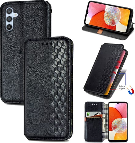 Luxe PU Lederen Ruitpatroon Wallet Case + PMMA Screenprotector voor Galaxy A14 4G/5G _ Zwart