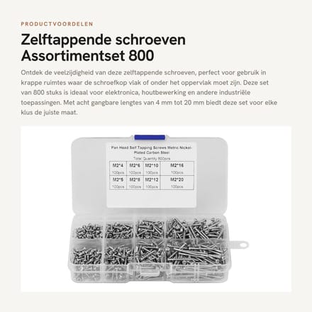 Dailygoods - Zelftappende schroeven - Assortimentset 800 stks - Ideaal voor elektronica - Multifunctionele schroeven - Geschikt voor diverse materialen