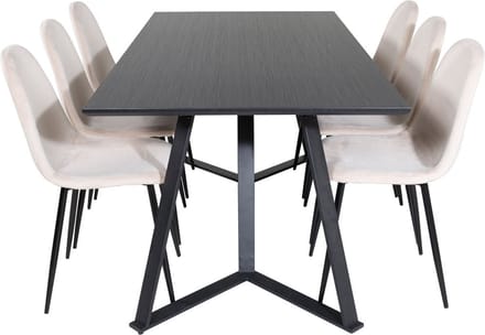 MarinaBLBL eethoek eetkamertafel zwart en 6 Polar eetkamerstal velours beige.