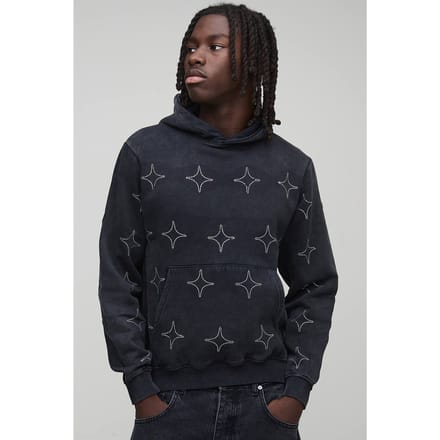 Boxy Washed All Over Rhinestone Hoodie | Charcoal | Size Medium