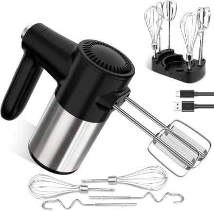 Wireless Hand Mixer, Digital Display, 7 Speeds, USB Rechargeable Electric Hand Mixer with 6 Stainless Steel Attachments, Whisk, Dough Hook and Base