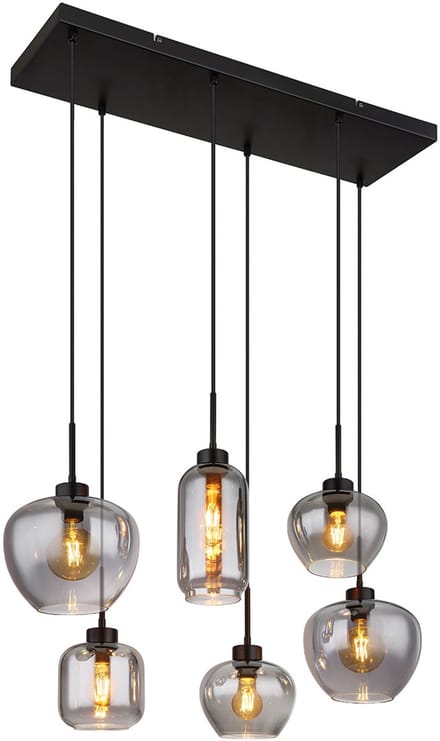 Globo - hanglamp - Matt - zwart - glas smoke glas - grote eettafellamp - E27 - 15549-6SH