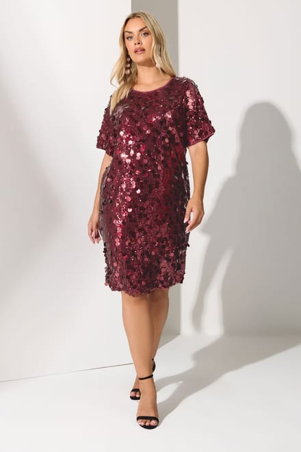 Yours London Burgundy Red Sequin Tshirtjurk Size 44