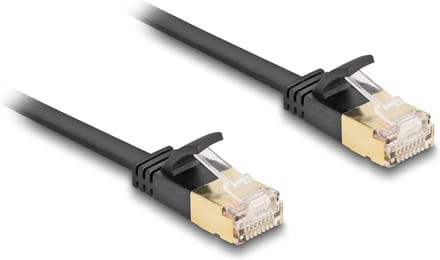 Delock RJ45 Network Cable Cat.6A plug to plug with robust latch and Cat.7 raw flat cable U/FTP 5 m black
