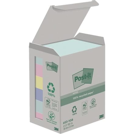 Post-it recycled notes Nature | 100 vel | ft 38 x 51 mm | pak van 6 blokken | geassorteerde kleuren