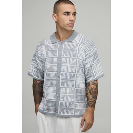 Boxy Fit Square Tapestry Button Up Knitted Shirt | Grey | Size Medium