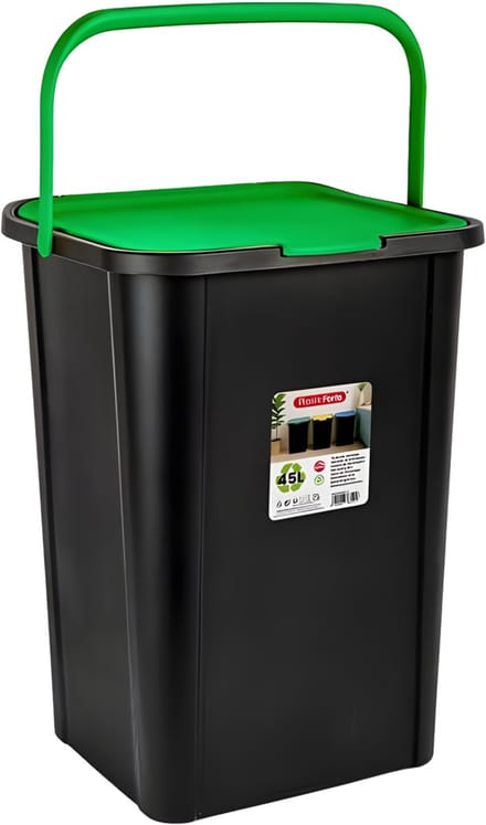 Plasticforte Recycling afvalbak - zwart/groen - 45 Liter - afsluitbaar - 34 x 40 x 54 cm - kunststof