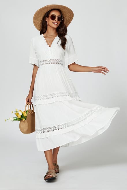 V-hals midi-jurk met kantdetail in wit