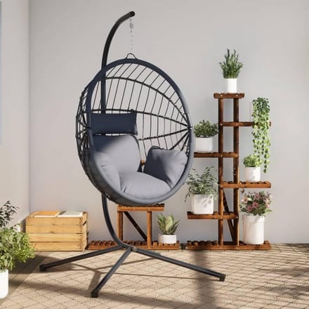 Hangstoel met houder - Ei stoel - Ontspannen in de tuin - Robuust stalen frame - Lichtgrijs - Polyrotan