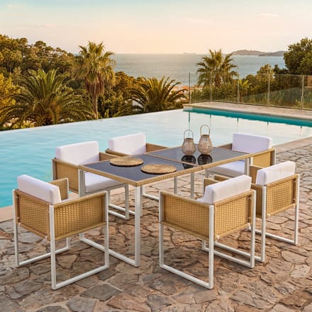 Zubaliya Polyrattan Eetset - 6 Personen - Gehard Glas - 8.5 cm Kussens - Afritsbare Hoezen