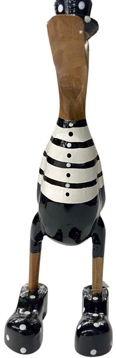 Handgemaakte Houten Eend “Zebralife” Zwart – Decoratieve Indonesische Eend met Hoed (H27 × B9 cm)