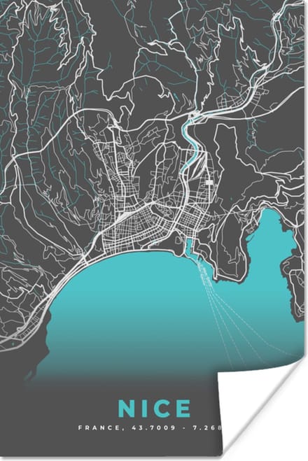Poster Kaart - Plattegrond - Nice - Frankrijk - Stadskaart - 60x90 cm