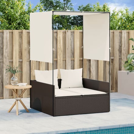 vidaXL - Ligbed - tweepersoons - met - dak - en - gordijn - poly - rattan - bruin