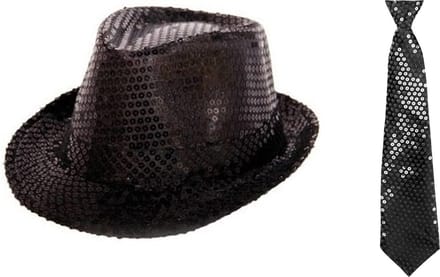 Folat - Verkleedkleding set - Glitter hoed/stropdas zwart volwassenen