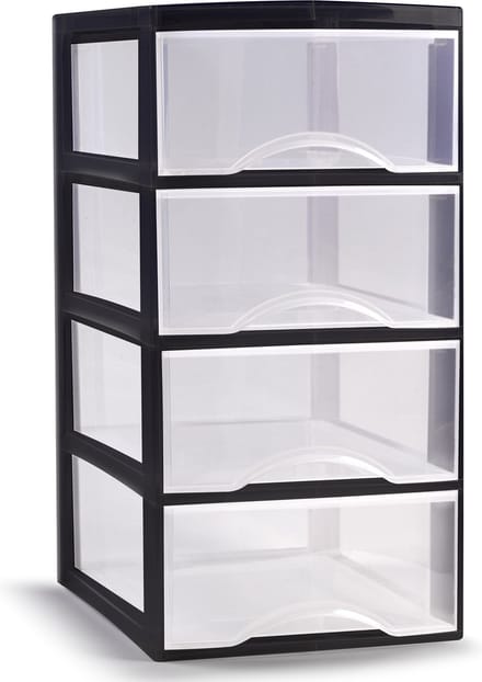 Plasticforte Ladeblokje/bureau organizer met 4x lades - transparant/zwart - L18xB23xH34 cm