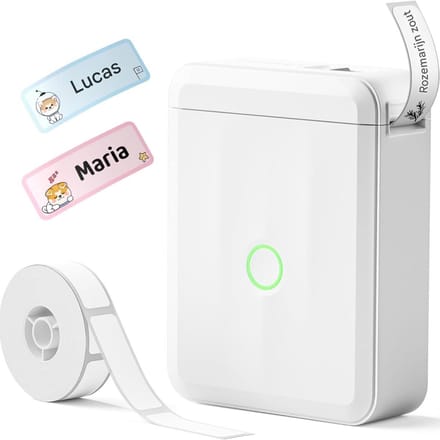 GELLDG Labelprinter - Naamlabelprinter - D110 Bluetooth-labelprinter - Inclusief een rol waterdichte labels - Geschikt voor thuis, kantoor, school en kinderdagverblijf - Wit