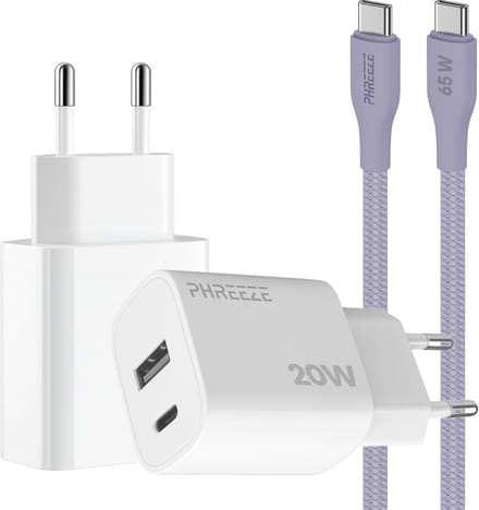 Phreeze usb C adapter 20 W paars met usb C naar usb C kabel 1 meter - Snellader voor smartphone en tablet - Met 2 poorten