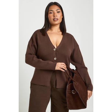 boohoo Dames Plus Gouden Knoop Split Zoom Compact Gebreid Vest | Mokka | Maat: 24-26